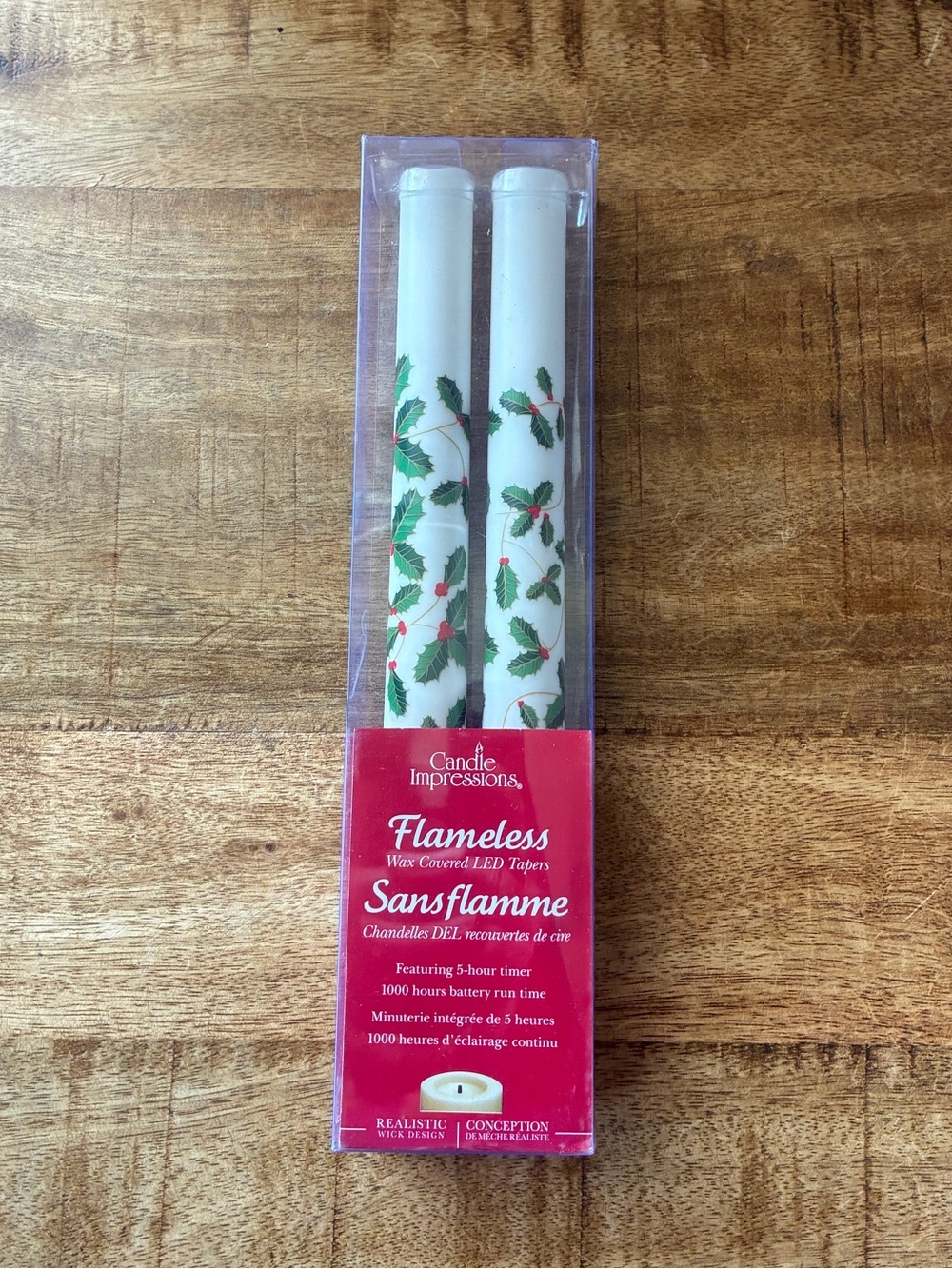 New Candle Impressions Flameless Wax Covered LED Taper Candles Holly Berries